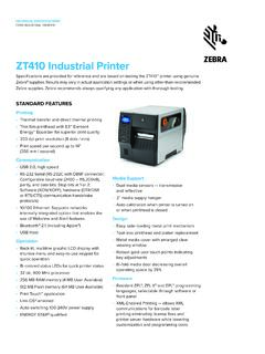 ZT410 Industrial Printer Tech Specs - Zebra Technologies