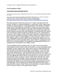 The Conversion of Saul: TEACHERS’ BACKGROUND NOTES
