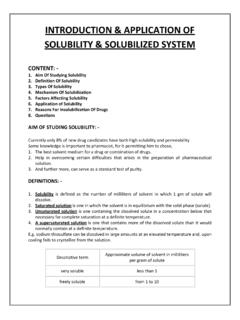INTRODUCTION &amp; APPLICATION OF SOLUBILITY &amp; …