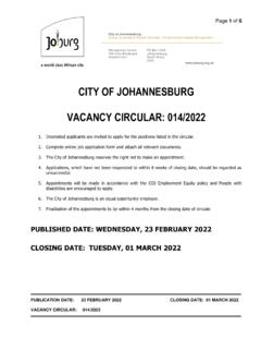 CITY OF JOHANNESBURG VACANCY CIRCULAR: 014/2022
