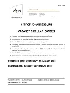 CITY OF JOHANNESBURG VACANCY CIRCULAR: 007/2022